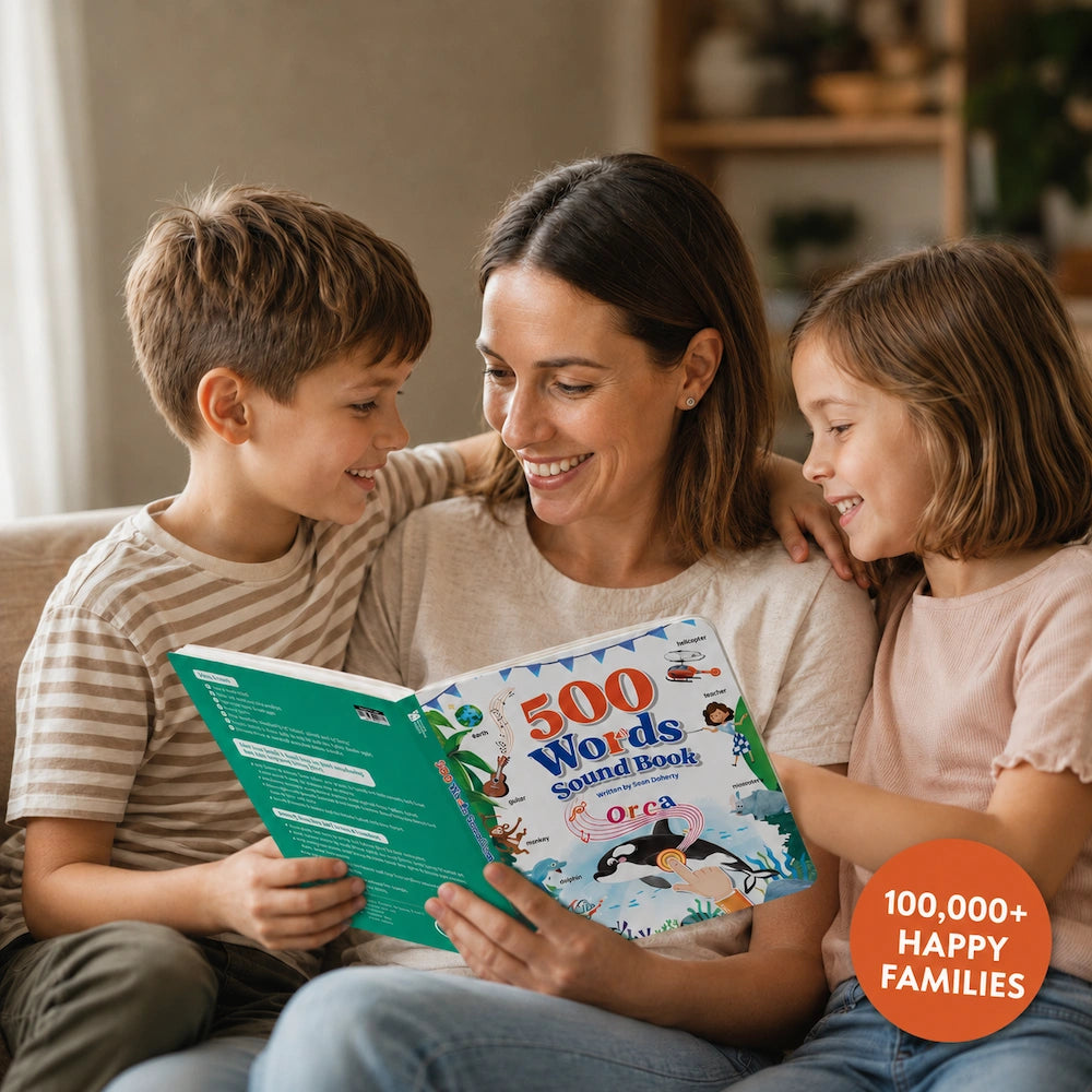 Mom reading the 500 Words Sound Book with two kids