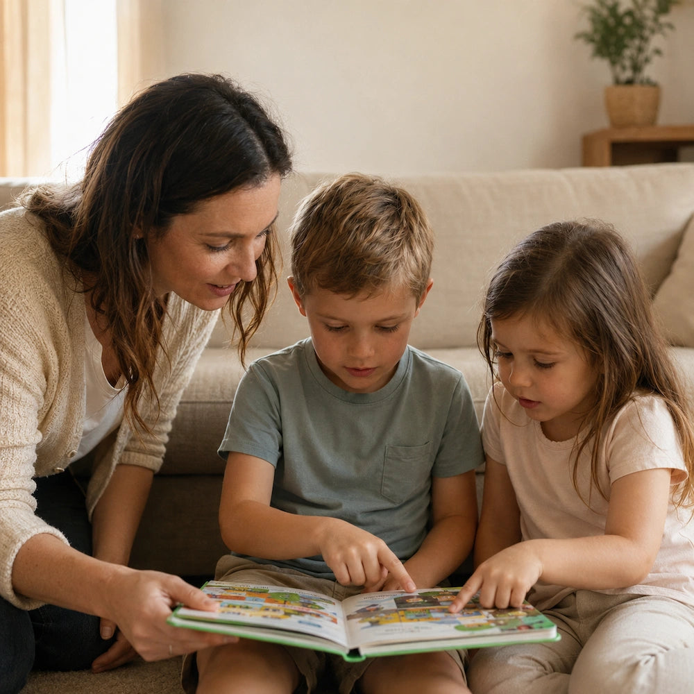 Mom and two kids exploring the book together